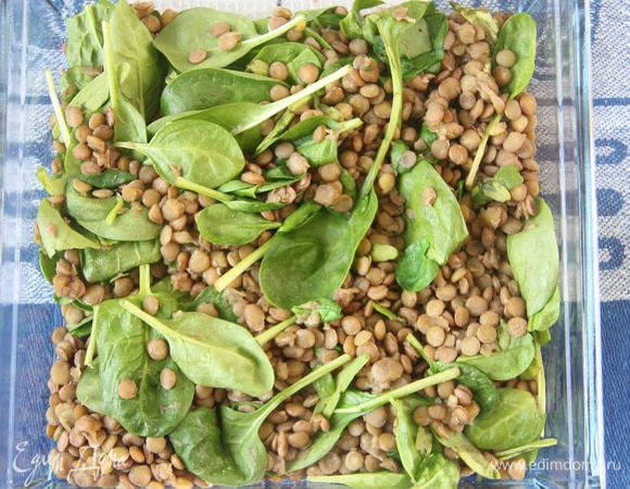 Выложить чечевицу со шпинатом на блюдо.