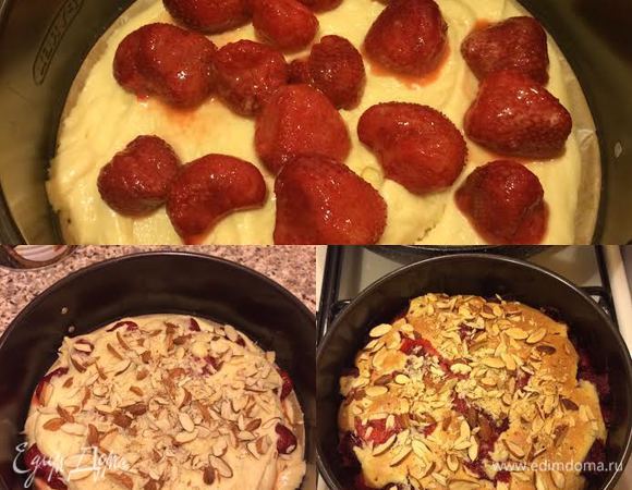 Сверху разложить клубнику и покрыть остатками теста. Посыпать миндалем и выпекать 35–40 минут до сухой спички. Глазурь: смешать сахарную пудру, молоко и ванильный экстракт. Полить остывший пирог глазурью.