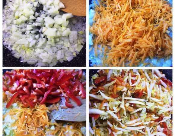 Тесто для пирога у меня готовое, поэтому начинаем с начинки.
На растительном масле для начала обжариваем лук до мягкости, добавляем тертую морковь. Затем нарезанный болгарский перец и пекинскую капусту. Солим, перчим по вкусу.