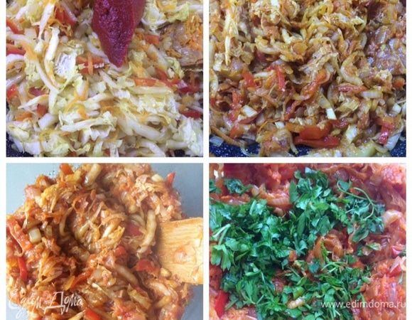 Добавляем томатную пасту и тушим до готовности. Снимаем с плиты и перекладываем в миску остужаться. Добавляем нарезанную зелень петрушки.