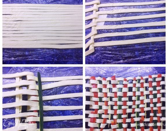 Раскатать часть теста и нарезать полосками шириной около 1 см.
Одну полоску наклеить перпендикулярно нарезанному тесту (как на фото) и через одну полоску откинуть их в сторону. Положить одну полоску баклажана кожурой вверх, перекинуть полоски обратно. Затем перекинуть полоски, начиная уже со второго ряда, т.е. в шахматном порядке. Теперь уложить полоску красного перца и повторить перекидку полосок. Следующий овощ — это цукини, и опять перекидываем полоски. Затем опять добавляем перчик и опять плетением занимаемся. Я думаю, по фото процесс более понятный, нежели я пыталась описать словами. Идея в том, чтобы четко были видны цвета овощей. Т.е. т.к. перец красный, то мы его чередуем чаще. В итоге должно получится вот такое пестрое «одеяльце», это мы положим на начинку.