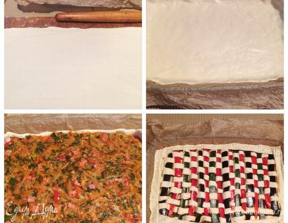 Разогреваем духовку до 180°С. Собираем пирог. Форму (у меня стеклянная) я застелила пекарской бумагой и немного ее смазала растительным маслом. Вторую часть теста немного раскатать и уложить в форму, формируя бортики. Распределить начинку, разровнять. Теперь самое сложное — нужно аккуратно перенести и уложить наше плетение. Возможно, вам понадобятся еще две руки, я справилась сама. У меня плетение было на пищевой пленке, думаю удобнее делать на пекарской бумаге, с нее легче будет перенести. Уложить «одеяльце». По периметру я вырезала еще полосочки из теста и при помощи вилки прижала к пирогу. Вот так выглядел пирог до выпечки. 