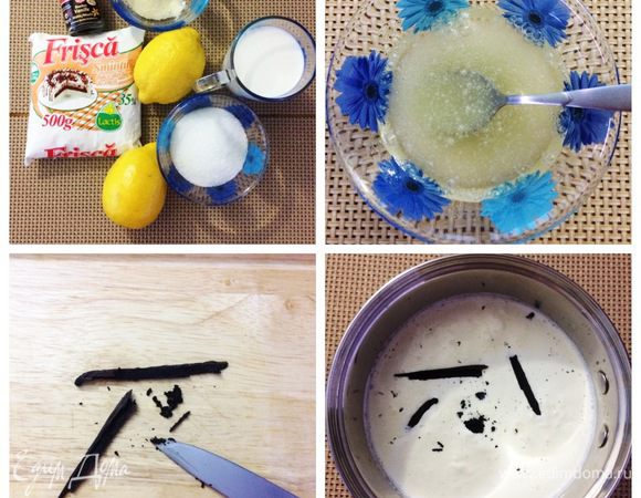 Замочить желатин в ледяной воде в пропорции 1:6. В сотейнике соединяем молоко, сливки, сахар, семена ванили и сам ванильный стручок.