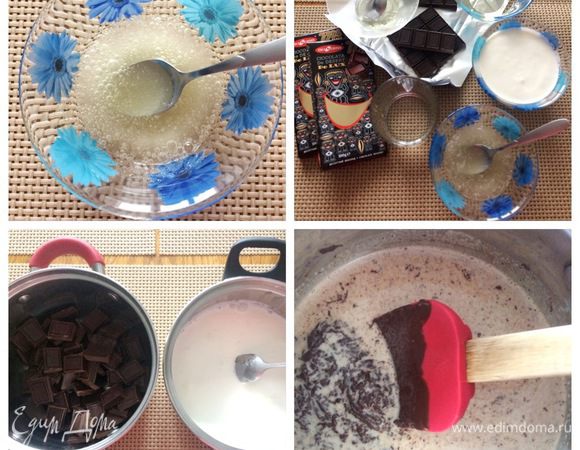 Готовим ганаш. Желатин замочить в холодной воде и распустить на водяной бане. Шоколад разломать на кусочки и растопить на водяной бане. Сливки, воду, глюкозу довести до кипения. Выливаем горячие сливки на шоколад, добавляем желатин, взбиваем блендером.
