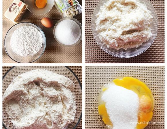 Готовим тесто для тарталеток. Миндаль перемолоть с 60 г сахара в блендере до состояния муки. Смешиваем полученную миндальную муку с пшеничной мукой. Взбиваем яйца с 60 г сахара.