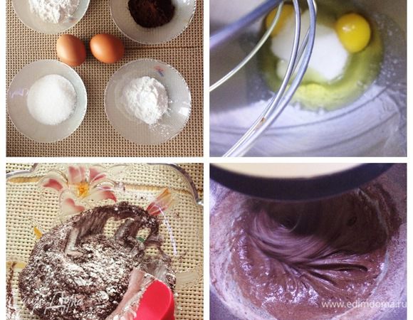 Готовим начинку. На максимальной скорости миксера взбиваем яйца с сахаром и щепоткой соли. Отдельно смешиваем муку, крахмал и какао. Добавляем во взбитые яйца сухую смесь и все тщательно взбиваем. Начинка готова.