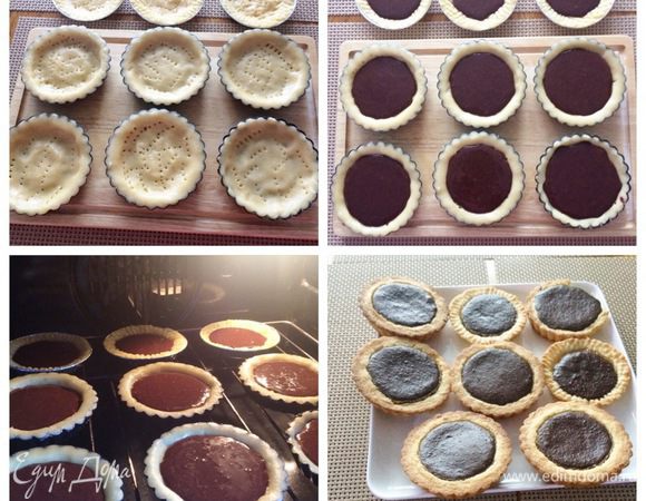 Через час достаем тесто из холодильника. Раскатываем тесто и заполняем им формочки. Накалываем дно вилкой. Выкладываем в корзиночки начинку. Она будет подниматься, поэтому корзиночки заполняем только наполовину. Выпекаем в разогретой до 170°С духовке около 15 минут (обязательно следим за своей духовкой).
Тарталетки остужаем.