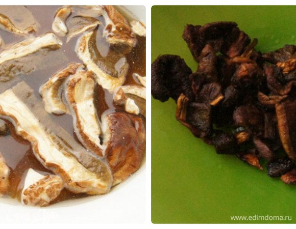 Сухие белые грибы замочить в холодной воде. Я делаю так. Сначала оставляю на 10 минут, потом сливаю эту воду, а с ней и ненужные примеси. Снова заливаю водой и оставляю на часик разбухнуть. Грибы процедить, нарезать и обжарить на растительном масле 10 минут. Грибную воду не выливать.