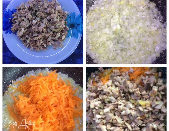 Нарезаем мясо курицы кусочками. На подсолнечном масле жарим лук, добавляем тертую морковь, тушим. Затем добавляем мясо курицы и несколько ложек бульона, солим перчим по вкусу.