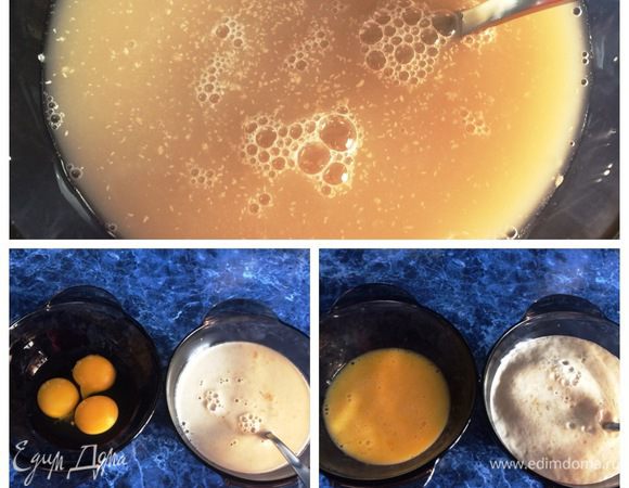 В теплой воде растворяем сахар и дрожжи до появления пенной шапочки. Яйцо и два желтка взбиваем в пиале. Соединяем яичную и дрожжевую смесь, все перемешиваем.