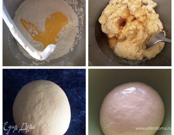 Просеиваем муку с солью и добавляем яйца. Я решила воспользоваться услугами своего планетарного миксера. Когда тесто соберется в шар, добавляем растительное масло. Я добавила 3 ложки растительного и 1 ложку кунжутного масла. Далее тесто необходимо вымесить 15 минут. Я поняла, что мой миксер не справится (я его пожалела) и вымешивала тесто 15 минут руками. У кого есть хлебопечь, может воспользоваться ее услугами. Готовое тесто выложить в смазанную растительным маслом емкость, затянуть пленкой и отправляем в теплое место на один час (у меня в теплой духовке тесто поднималось).