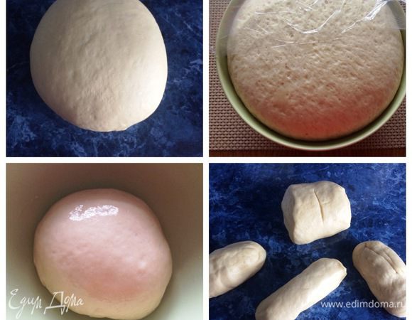 Через час тесто поднялось, обмять его хорошенько и оставить подходить еще на час.
Подошедшее тесто поделить на 5 частей, т.к. я пекла халу из 5 жгутов. Можно из 3 плести, 4 или 6, как вы захотите.