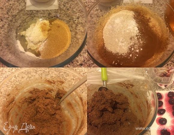 Миксером хорошо взбить надуги (рикотту, творог), белок, сахар, ванильный сахар. Затем добавить растопленное сливочное масло и еще раз хорошо взбить. Овсяные хлопья смолоть в муку. К творожной массе добавить какао, овсяную муку, разрыхлитель, соду (можно меньше, чем 0,5 ч. л.), соль и хорошо перемешать. Накрыть миску пленкой и отправить в холодильник на 30 минут. Духовку нагреть до 180°С. Взять немного теста, в середину положить вишню.