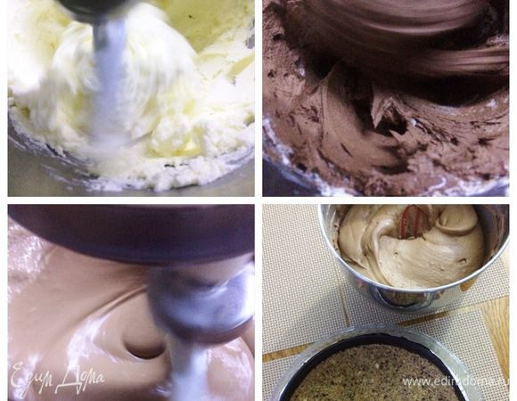 Пока основа чизкейка охлаждается, готовим начинку. Растопить шоколад на водяной бане, остудить. Маскарпоне и творожный сыр на маленькой скорости при помощи миксера превращаем в кремообразную массу, подсыпая сахарную пудру. Я указала 100 граммов сахарной пудры, на самом деле использовала меньше, граммов 50. Чизкейк совсем не был приторным. Регулируйте сладость по своему вкусу.
Затем к сыру добавляем растопленный шоколад и яйца (по одному), ванильный сахар и в последнюю очередь сливки. Получается кремовая начинка для чизкейка.