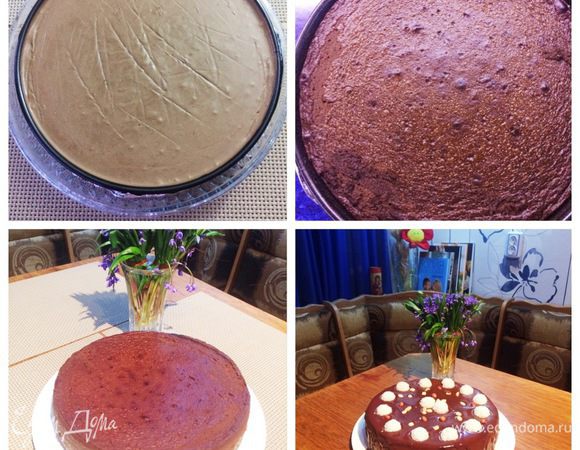 Достаем основу из морозилки, аккуратно выкладываем на нее начинку. Осторожно постучим формой о стол, чтобы начинка равномерно распределилась, и вышли все пузырьки воздуха.
Отправляем в разогретую духовку до 180°С выпекаться чизкейк на 50-60 минут (следим за своей духовкой). Я выпекала чизкейк на водяной бане.
По истечении времени выключить духовку и оставить чизкейк там остывать, у меня ночь. 
Остывший чизкейк накрыть пленкой прямо в форме и отправить на сутки в холодильник.
Через сутки аккуратно освобождаем чизкейк из формы и уже можно дегустировать с чашечкой кофе/чая утром выходного дня. 
Но я решила еще добавить калорий, приготовив ганаш и покрыв им чизкейк. Для этого доводим сливки до кипения, но не кипятим, и заливаем горячими сливками поломанный на кусочки шоколад, тщательно перемешиваем, охлаждаем и заливаем чизкейк. Украшаем по своему желанию.
 