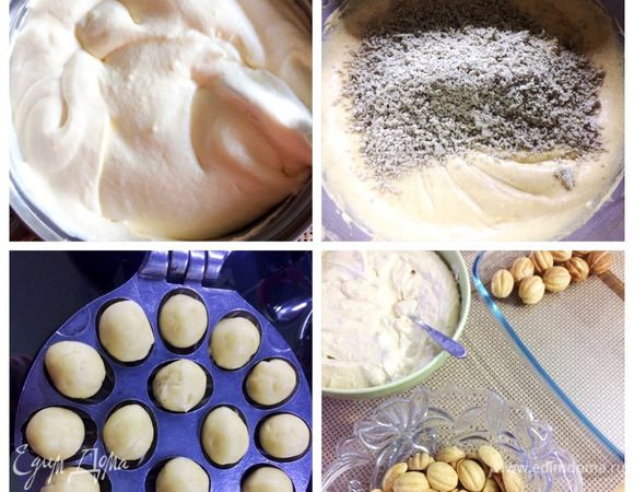 Для крема сгущенку я варила сама, не нравится мне готовая вареная сгущенка, привкус есть у нее, да и переваренная она. Я сварила вечером, она остыла и я ее использовала на следующий день.
Мягкое масло взбить добела, затем добавлять понемногу сгущенку и продолжать взбивать, пока не введем всю банку. Сливки взбить в отдельной емкости и аккуратно соединим с кремом полученным. За счет сливок я регулировала сладость крема. Я еще добавила халву тертую на мелкой терке и измельченный арахис — вот такой крем мне захотелось. Очень калорийный, но на мой вкус. Готовый крем отправляем в холодильник, там он немного «схватится».
Тесто вынимаем из холодильника и формируем маленькие шарики вполовину грецкого ореха (у меня на фото первая партия, они оказались великоваты, я их потом уменьшила). Форму первый раз смазываем кисточкой растительным маслом, разогреваем на газе и укладываем в ячейки шарики. Плотно закрываем орешницу, печем орешки на медленном огне до золотистого цвета с одной и с другой стороны. Я открывала форму и смотрела. 