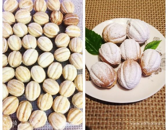 Остывшие половинки начиняем кремом, оставляем на столе часа на два. Затем отправляем в холодильник. При подаче посыпаем сахарной пудрой.
Получились очень вкусные орешки. Несладкое тесто вкупе с таким достаточно воздушным кремом — идеальная пара (повторюсь, на мой вкус). Приятного аппетита!