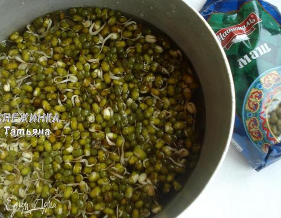 Поскольку из маша будем делать что-то наподобие фарша, его нужно отварить немного. Отмеряем 250 г пророщенного маша, заливаем свежей водой, варим 10 минут.