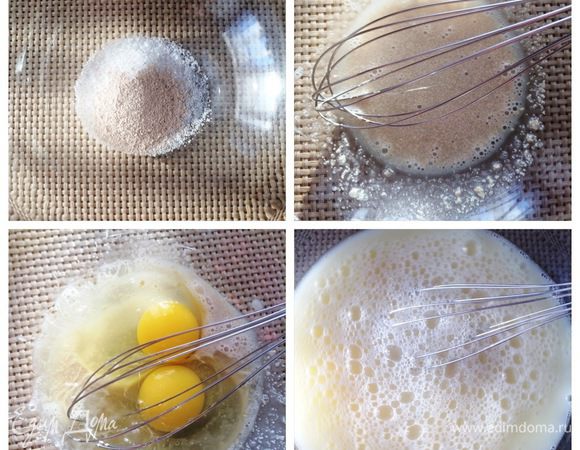 Начнем с приготовления теста. Смешаем в миске сухие ингредиенты, добавим уксус, тщательно перемешаем. Добавим яйца, теплую воду и еще раз взбиваем венчиком. 