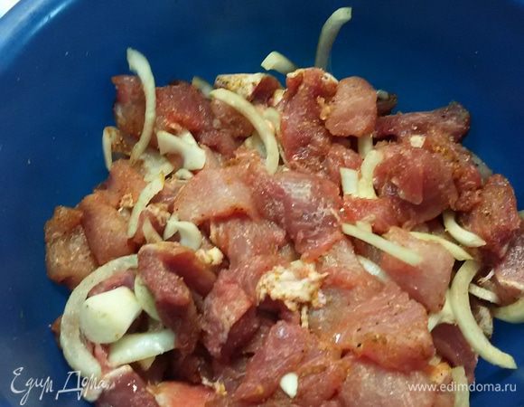 Мясо нарезать на куски. Посолить, поперчить, добавить любимые специи. Нарезать половинку луковицы на полукольца. Все хорошо перемешать и отправить в холодильник мариноваться примерно минут на 30.