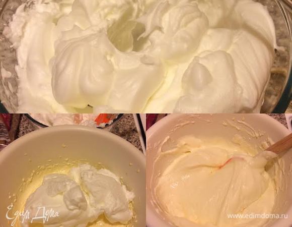 Белки взбить до устойчивых пиков (5-10 минут). Добавить белки в желтково-сырную массу. И аккуратно перемешать снизу в верх.