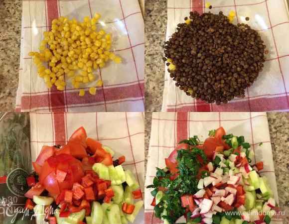 Чечевицу отварить в подсоленной воде до готовности. Помидор, огурец, редиску, лук, кинзу мелко нарезать. В миске смешать кукурузу, чечевицу, овощи и зелень.