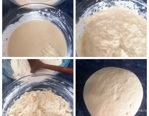 Начинаем добавлять муку постепенно, при этом вымешиваем тесто венчиком. Точное количество муки до грамма затрудняюсь указать, т.к. зависит от самой муки. Я просеяла 1 кг муки в отдельную миску. Когда закончила месить тесто, взвесила оставшуюся муку. У меня осталось 120 граммов. Так что мне понадобилось 880 граммов муки. 
Когда венчиком станет невозможно месить тесто, переходим на ручной замес. Должно получиться гладкое эластичное, не липнущее к рукам тесто.