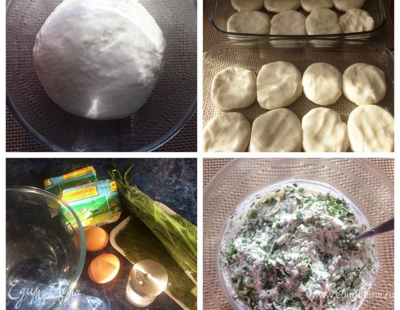 Миску и тесто смазываем небольшим количеством растительного масла и оставляем отдыхать минут на 15. Затем делим тесто на кусочки, примерно с куриное яйцо, приминаем в виде лепешек, смазываем растительным маслом тщательно, накрываем полотенцем и оставляем минут на 20. 
Пока тесто отдыхает, готовим творожную начинку. Творог солим по вкусу, добавляем 2 яйца, тщательно перемешиваем. Моем и режем укроп и зеленый лук, добавляем к творогу. Творожная начинка готова.