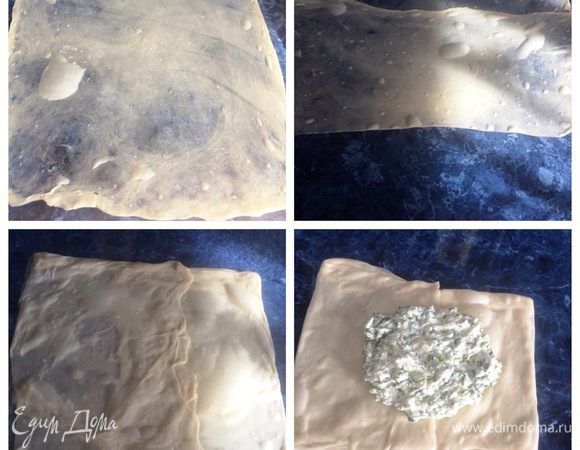 Лепешку раскатываем на рабочей поверхности, смазанной растительным маслом. Тесто податливое, и его легко растянуть руками. Аккуратно растягиваем в прямоугольник. Сбрызгиваем растительным маслом. Начинаем складывать тесто.  Сначала берем аккуратно близлежащие концы и складываем их к середине. Затем противоположные концы накладываем сверху. Получаем длинный прямоугольник. Сбрызгиваем немного маслом и теперь уже складываем тесто в квадрат, укладывая тесто к середине с боков. На фото, мне кажется, лучше виден процесс. Распределяем в центре творожную начинку.