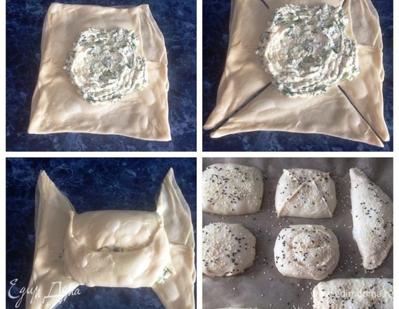 А можно надрезать тесто и попеременно накрыть начинку. С творожной начинкой у меня получилось 8 плациндочек разной формы. Смазать желтком, смешанным с ложкой молока, и по желанию посыпать кунжутом. Выпекаем в разогретой до 180°С духовке минут 25-30 (следим обязательно за своей духовкой).
Подаем с пылу, с жару.