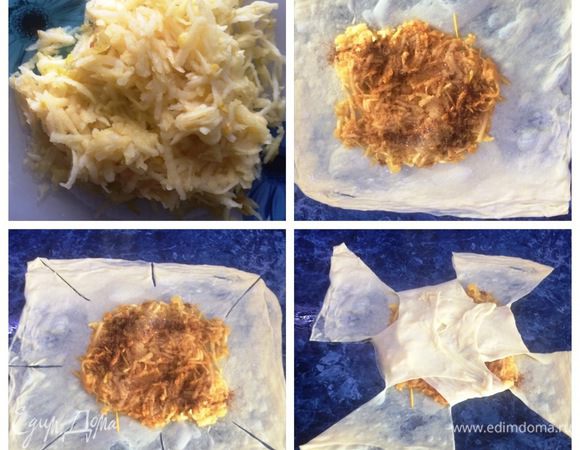 Для яблочной начинки натираем на крупной терке яблоко. Выкладываем начинку, посыпав сахаром и корицей. 