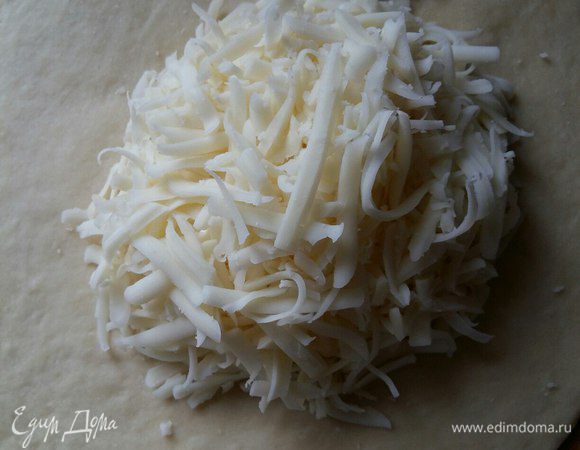 Натереть сыр на крупной терке. На сколько частей вы разделите тесто, на столько частей разделите и подготовленный сыр. Раскатать лепешку руками, помогая скалкой. Добавить в центр лепешки сыр. Сыра должно быть ровно столько же, сколько и теста, тогда и хачапури будет вкусный.