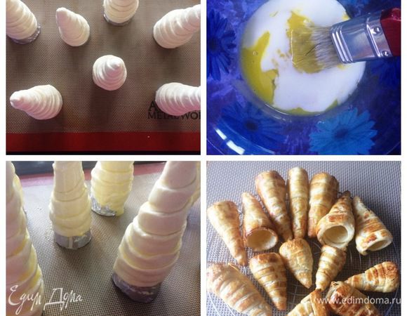 Я сделала 7 конусов, поэтому трубочки выпекала в 2 этапа. 
Желток смешиваем с ложкой молока и обмазываем трубочки. Отправляем в разогретую духовку до 180°С выпекаться минут на 20-25 (следим за своей духовкой). Готовые трубочки сразу же снимаем с конусов, чтобы они не отсыревали внутри. Я в процессе выпечки аккуратно снимала прямо в духовке и минут 5 допекала без конусов, чтобы трубочки точно пропеклись (перестраховалась).
Оставляем трубочки остывать и подсыхать.