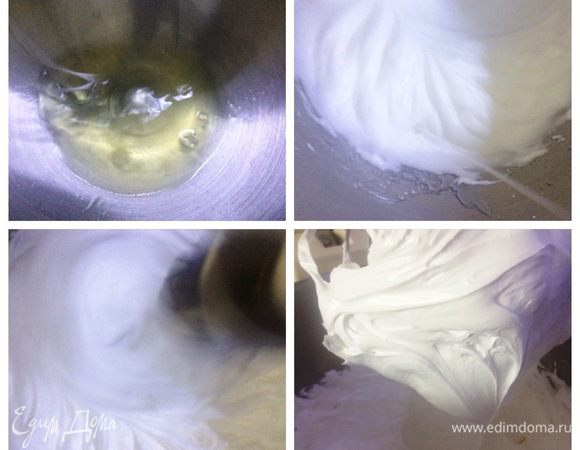 Как только наш сироп закипел, отправляем два белка взбиваться при помощи миксера до крепкой пены. Всыпать ванильный сахар и продолжаем взбивать, пока сироп не будет готов. Влить несколько капель лимонного сока и тонкой струйкой готовый сироп. Продолжаем взбивать крем до гладкой глянцевой массы, пока он не остынет. Белковый крем готов. Для любителей, этим кремом можно уже начинять трубочки. Но мы хотели трубочки с халвой, поэтому еще немного поработаем. 