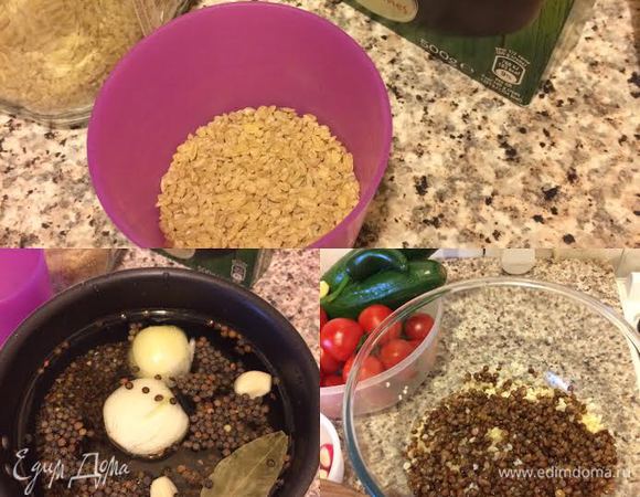 Булгур отварить до готовности в подсоленной воде. Чечевицу также отварить в подсоленной воде,в воду добавить лавровый лист, чеснок и лук.