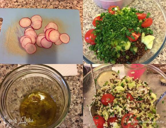 Овощи и зелень мелко нарезать. Добавить в миску с булгуром и чечевицей и перемешать. Заправка: в банке смешать масло, чеснок (выдавить через пресс), кумин, уксус, сок лимона, хорошо взболтать, полить заправкой салат и аккуратно перемешать.