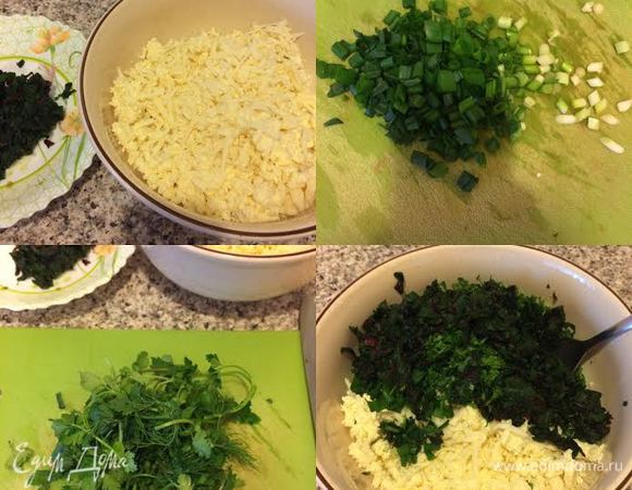 Сыр натереть, зелень и зеленый лук мелко порезать. В миске смешать сыр, свекольную ботву, зеленый лук и зелень. Начинка готова!