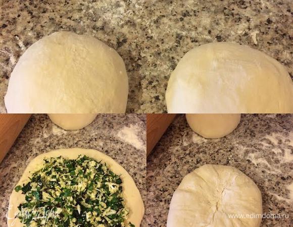 Тесто разделить на две части. Раскатать слегка одну часть, выложить половину начинки и соединить края теста, защипить и перевернуть швом вниз.