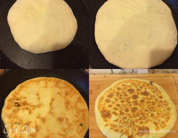 Сковороду нагреть, слегка смазать маслом, как на блины, переложить лепешку на сковороду и распределить по сковороде. Готовую лепешку смазать сливочным маслом. Теперь самое главное. Меня часто спрашивают: почему ваши лепешки тонкие, а наши нет?! Тут все просто: у меня большая сковорода (Д — 30 см), поэтому, когда я распределяю по ней лепешку, она получается тонкой, если я такую лепешку распределю по сковороде 20 см, она тоже будет толстой.