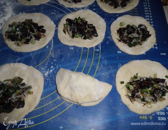 На лепешки выкладываем подготовленную начинку. Защипываем края лепешки. Получается пирожок. 