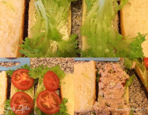 Багет нарезать на нужные куски, разрезать пополам, смазать оставшимся майонезом. Затем положить салат, помидор, начинку из тунца и накрыть второй половинкой багета.