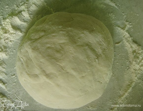 На стол высыпать оставшуюся муку и выложить тесто. Немного вымесить его.