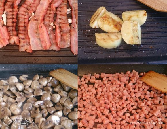 Обжариваем ветчину, грибы, бекон с зубчиком чеснока до красивых полосок и яблоки с коричневым сахаром.