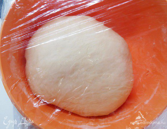 Через 20 минут выложить тесто на стол и быстро обмять, он станет гораздо более мягким и однородным. Затем возвращаем тесто в миску, накрываем пленкой и оставляем еще на 30 минут. Объем тесто должен увеличиться вдвое.