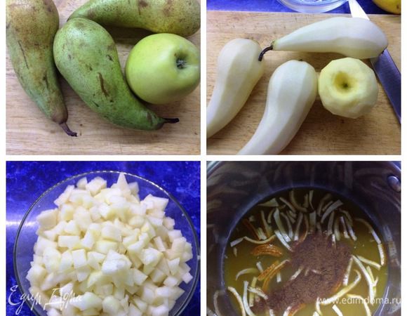 Для компоте я взяла груши и яблоко. Почистить, нарезать кубиком фрукты. Залить желатин водой в пропорции 1:6 и оставляем набухать.
В кастрюлю влить сок и нагреть до 40°С. Я добавила сушеные корочки апельсина и немного корицы (это не обязательно), дать немного настояться и процедить через сито. 