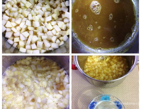 Возвращаем кастрюлю с соком на огонь и добавляем сахар. Довести до кипения, прокипятить 1 минуту, добавить крахмал и хорошенько перемешать, чтобы не было комочков. Добавить нарезанные фрукты и проварить немного в соке. Снять с огня и немного остудить. Набухший желатин распустить на водяной бане (не кипятить) и добавить к немного остывшим фруктам, перемешать. Добавить лимонный сок и перемешать. Остудить.