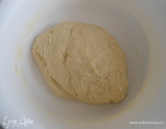 Всыпать оставшуюся муку (400–440 г) и замесить тесто. Нежное, но не сильно мягкое. Накрыть полотенцем или крышкой и поставить в теплое место на 1 час.
