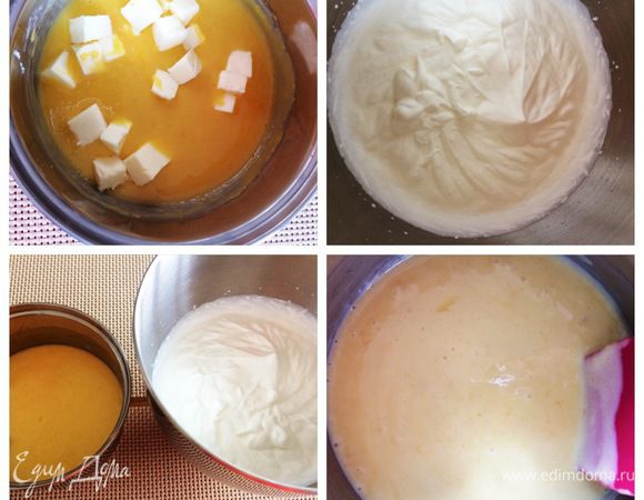 Влить сок лимона и перемешать. Затем добавить порезанное кубиками сливочное масло, пробить блендером до однородности.
В чаше миксера взбиваем холодные сливки до мягких пиков (не в плотную пену).
Следующий шаг это добавить часть сливок в остывший курд и перемешать лопаткой до однородной массы. Затем добавить остальные взбитые сливки. Лимонно-ванильный мусс готов.
