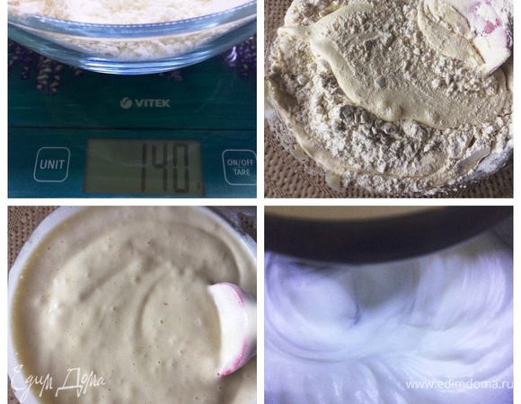 Просеиваем муку вместе с разрыхлителем и объединяем аккуратно со взбитыми желтками.
Белки взбиваем со щепоткой соли до мягких пиков.