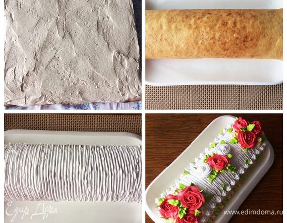 На пропитанный сиропом бисквит, выкладываем крем и заворачиваем рулетом. На этом этапе можно рулет отправить в холодильник на пропитку часиков на 5. Затем посыпать сахарной пудрой и подавать в качестве десерта.
Те, кто желают украсить, могут это сделать в зависимости от своей фантазии и по своим возможностям. Я решила вот такими цветочками украсить.
Приятного аппетита! Разрез забыла сфотографировать, вернее, не успела.